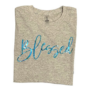 Blessed Custom T-Shirt Unisex Large Gray‎ with Metallic Blue Graphic Christian